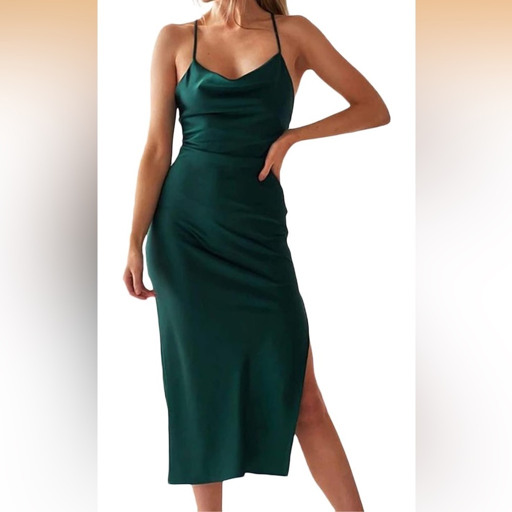 Amazon Green Satin Midi Dress with Spaghetti Straps